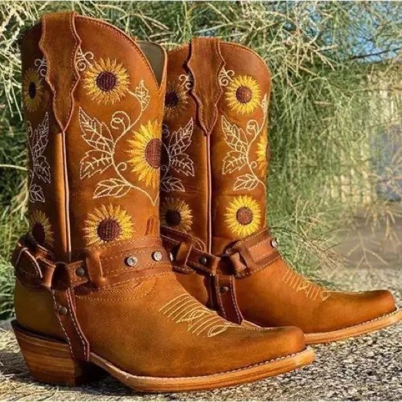 Womens Leather Cowboy Sunflower Boots 